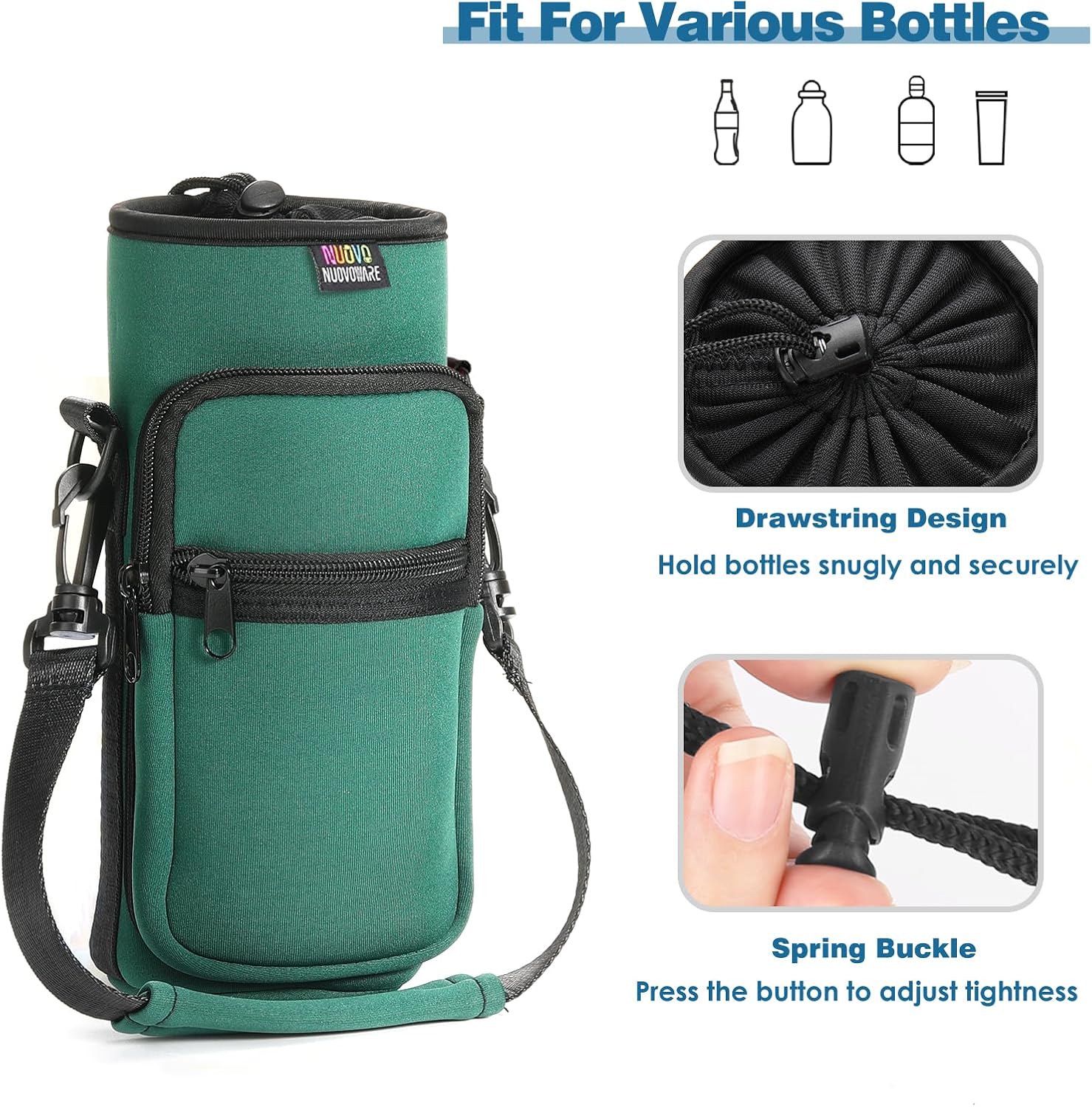 Nuovoware Water Bottle Carrier Bag, 40oz Bottle Pouch Holder, Adjustable Shoulder Hand Strap 2 Pocket Sling Neoprene Sleeve Sports Accessories for Hiking Travelling, Dark Green
