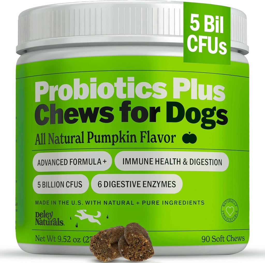 Deley Naturals Dog Probiotic Chews - 4 Billion CFU Probiotics for Dogs with Digestive Enzymes & Prebiotics - Grain Free Soft Chews for Gut Health & Digestive Support - 120 Chicken Chews Made in USA