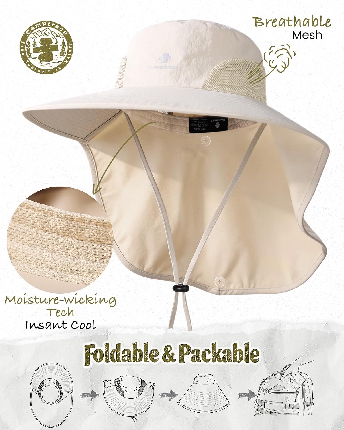 Camptrace Sun Hats for Women Men with Neck Flap UV Protection Wide Shade