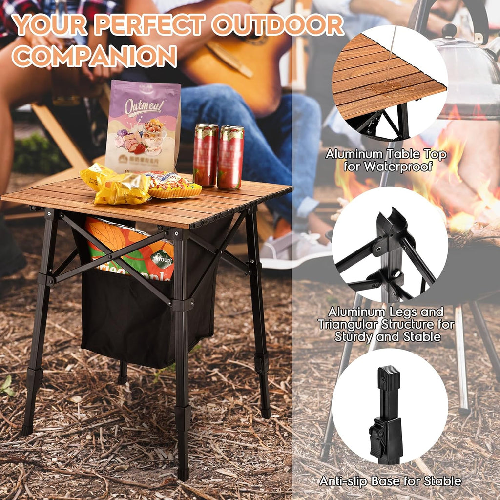 Aluminum Camping Side Table, Compact Folding Outdoor Portable Beach Small Camp Table with Carry Bag and Storage, Picnic, Hiking, Fishing, Grill(Wooden)