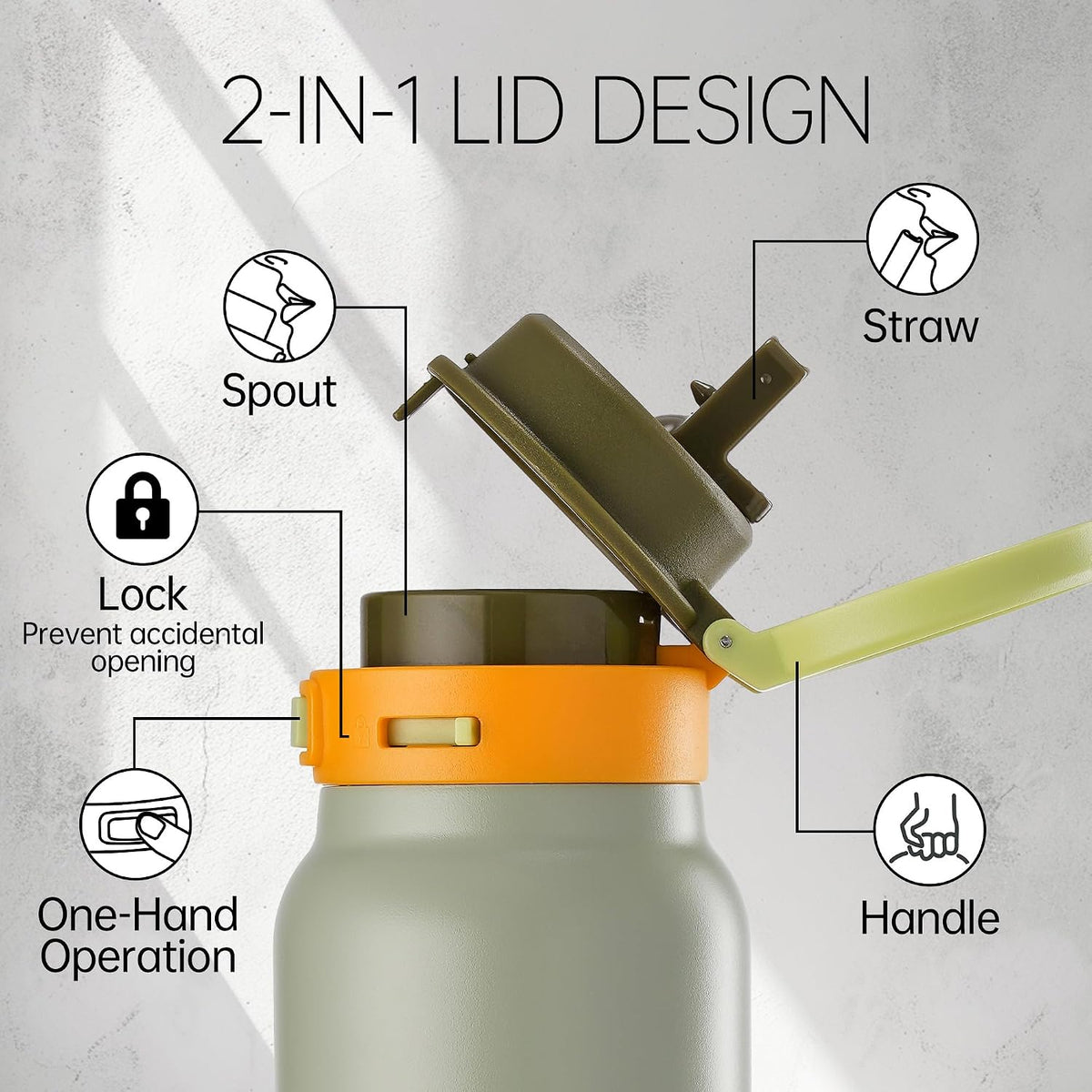 Fijinhom 24 oz Insulated Water Bottle, 2-in-1 Stainless Steel with Straw and Spout, Leak Proof,Fits in Car Cup Holder, 304 Stainless Steel with Wide Mouth, Great for Sports, Travel, Work (Green)
