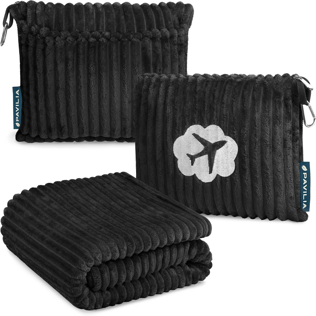 PAVILIA Travel Blanket Pillow, Soft Ribbed Fleece Airplane Blanket, Black