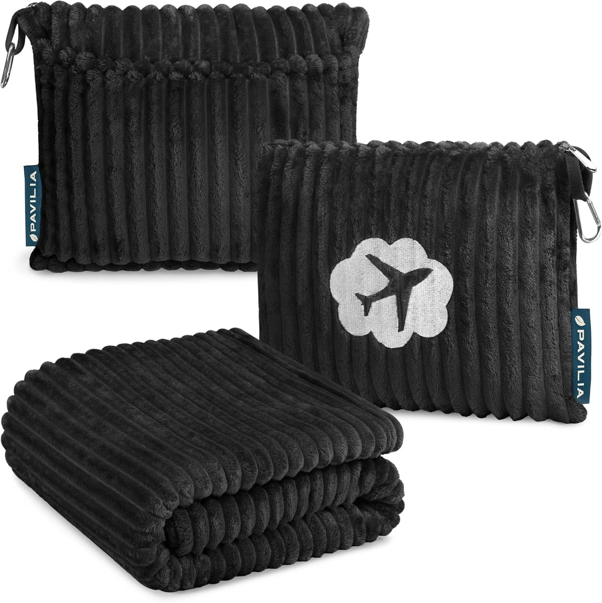 PAVILIA Travel Blanket Pillow, Soft Ribbed Fleece Airplane Blanket, Black