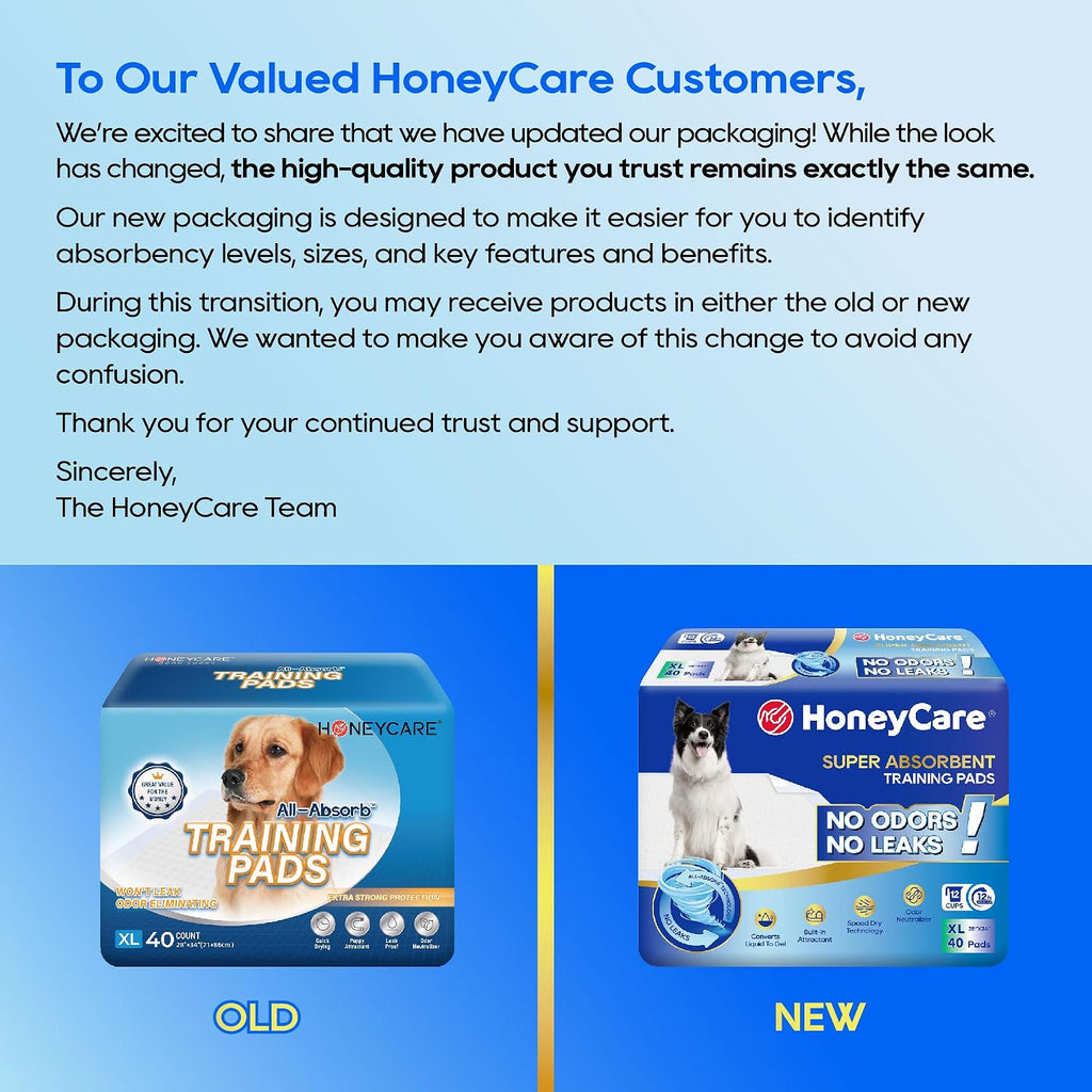 HONEY CARE All-Absorb, X-Large 28" x 34", 40 Count, Dog and Puppy Training Pads, Ultra Absorbent and Odor Eliminating, Leak-Proof 5-Layer Potty Training Pads with Quick-Dry Surface, Blue