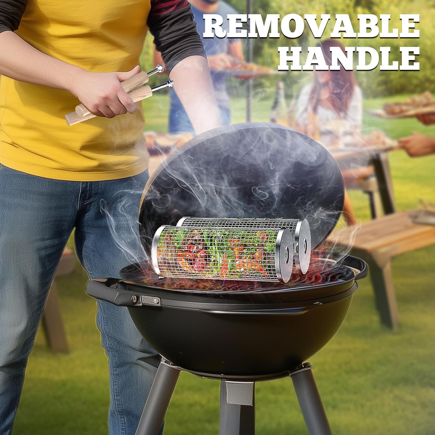 ivtivfu Rolling Grill Basket, Removable Wooden Handle, Nesting BBQ Tools