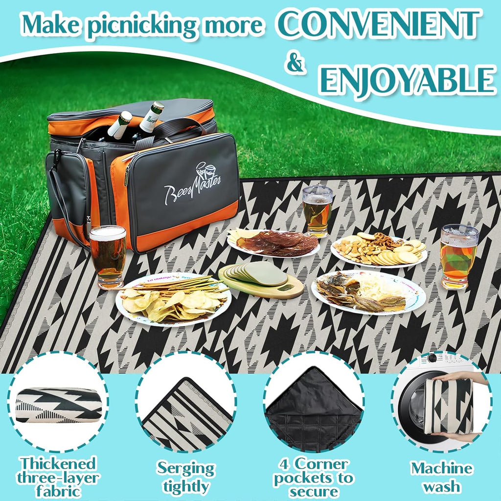 Boho Picnic Blankets Waterproof Foldable, 60″X80″ Thick Three Layer Picnic Mat Tribal Outdoor Blanket for Grass, Beach Blanket Sandproof Picnic Accessories for Camping Party Park Patio