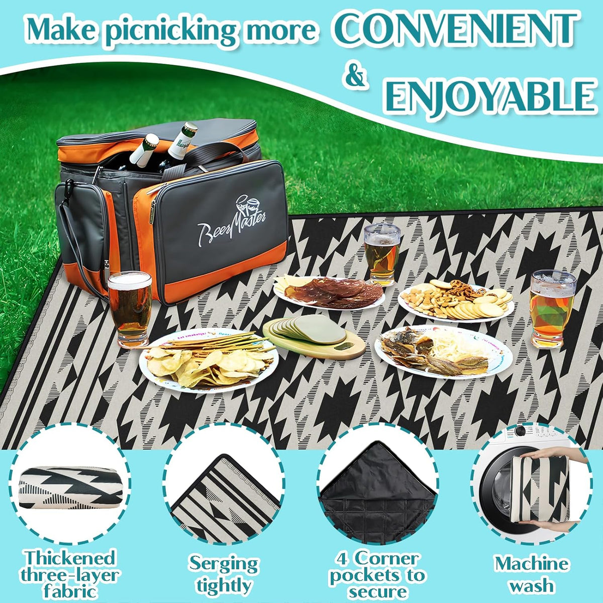 Boho Picnic Blankets Waterproof Foldable, 60″X80″ Thick Three Layer Picnic Mat Tribal Outdoor Blanket for Grass, Beach Blanket Sandproof Picnic Accessories for Camping Party Park Patio
