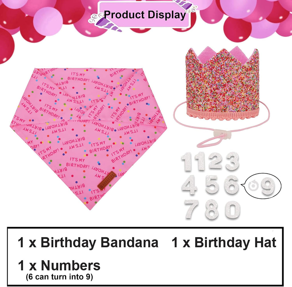 ADOGGYGO Girl Dog Birthday Hat, It's My Birthday Bandana Set, Pink, Small