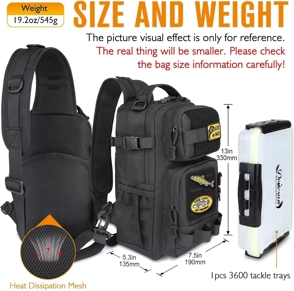 Dovesun Small Fishing Backpack with Tackle Boxes Fishing Sling Bag DIY Embroidery Patches Tackle Bag Gift for Men Black