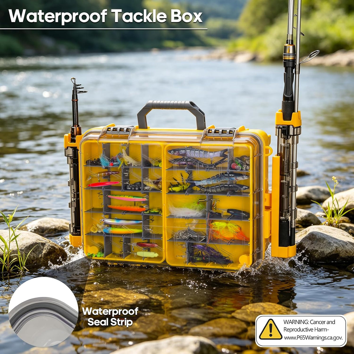 THKFISH Waterproof Double Side Tackle Box, Portable Storage Box with 2 Pack 3500 Stowaway Boxes & Rod Holders, Fishing Lure Organizer YellowPink/Green/Blue/Grey (L-Yellow)