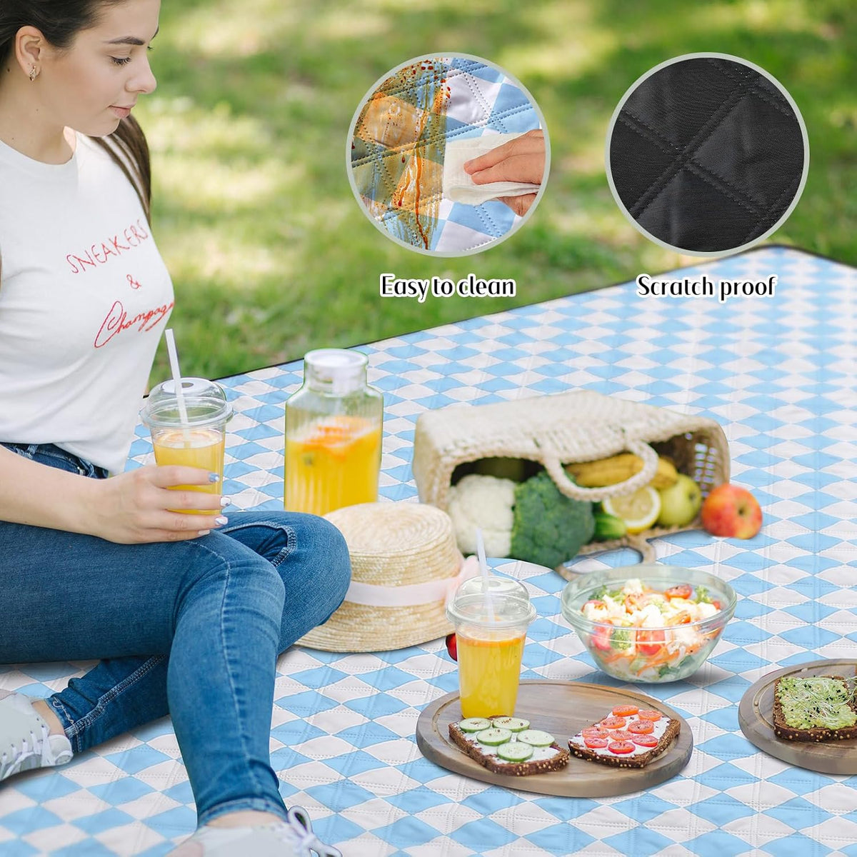 Nuanchu Checkered Picnic Blanket Extra Large Outdoor Blanket Sandproof 80"x80" Waterproof Portable Machine Washable 3 Layer Thick Gingham Picnic Mat for Beach Camping Park Grass Travel(Light Blue)