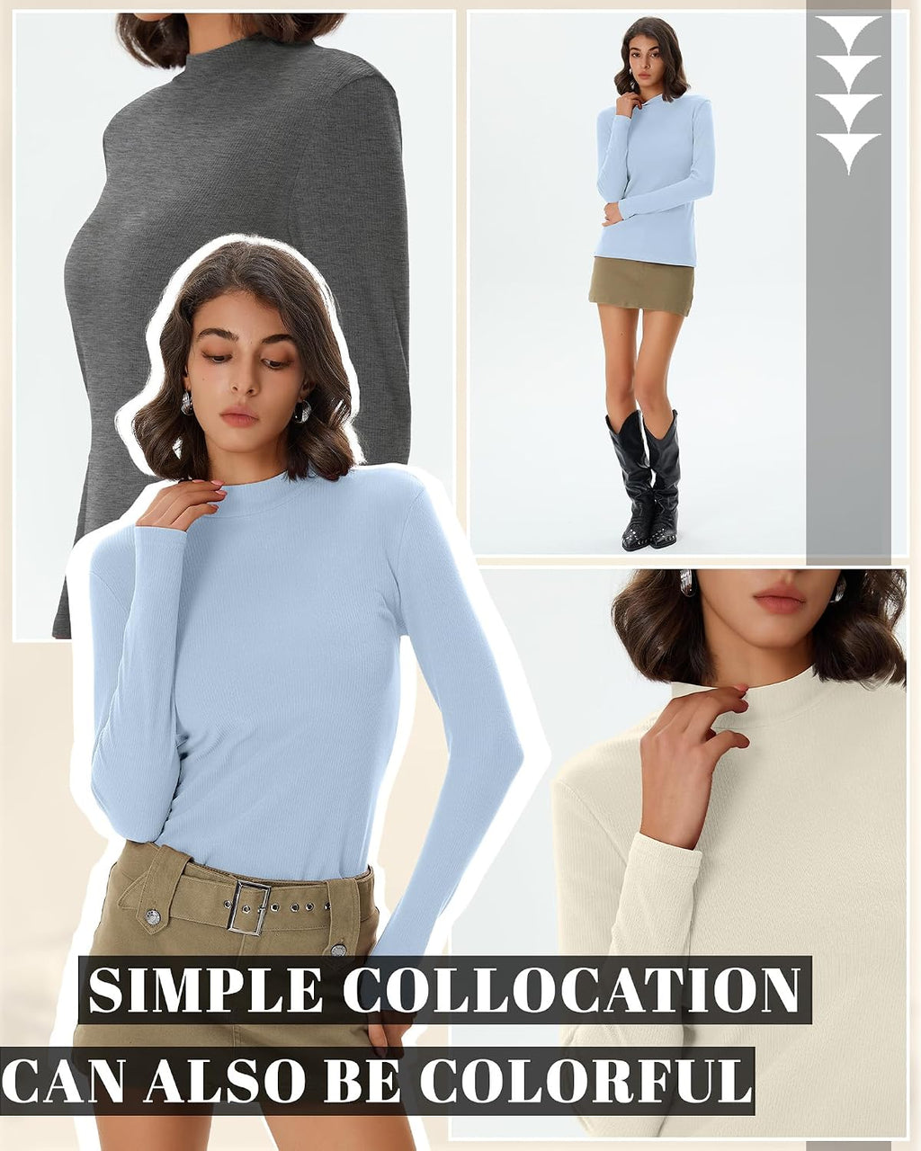 Evervibe 3 Pack Women's Ribbed Mock Neck Thermal Tops