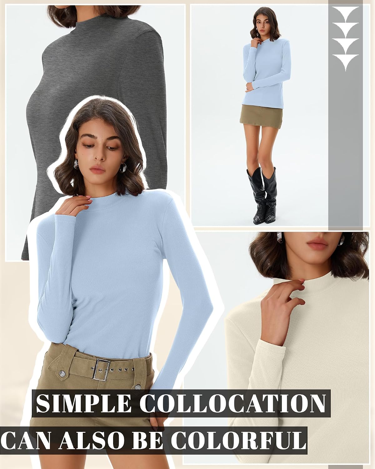 Evervibe 3 Pack Women's Ribbed Mock Neck Thermal Tops