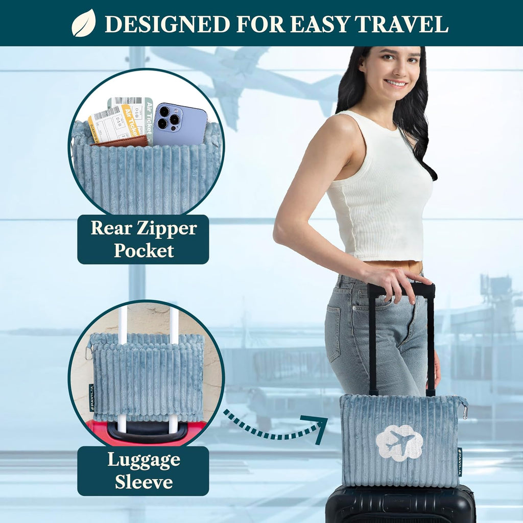 PAVILIA Travel Blanket Pillow, Soft Ribbed Fleece Airplane Blanket, Blue
