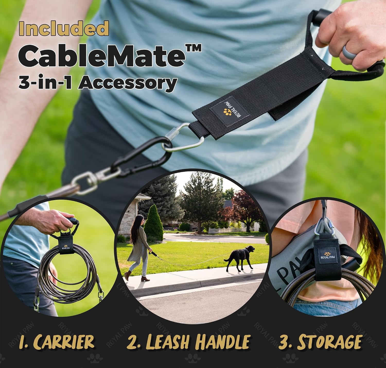 ROYAL PAW Dog Tie Out Cable and Stake 20ft - for Large Dogs up to 300 lbs - Heavy Duty Tether and Dog Stake for Yard, Beach & Camping Outside (Black, L/XL - 20ft)