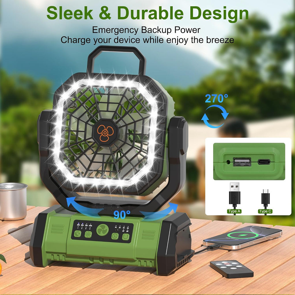 Honesorn 20000mAh Battery Powered Fan with LED Light & Remote, Green