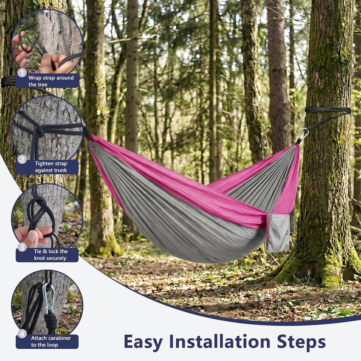 Camping Hammocks, Portable Parachute with Tree Straps (Pink & Gray)
