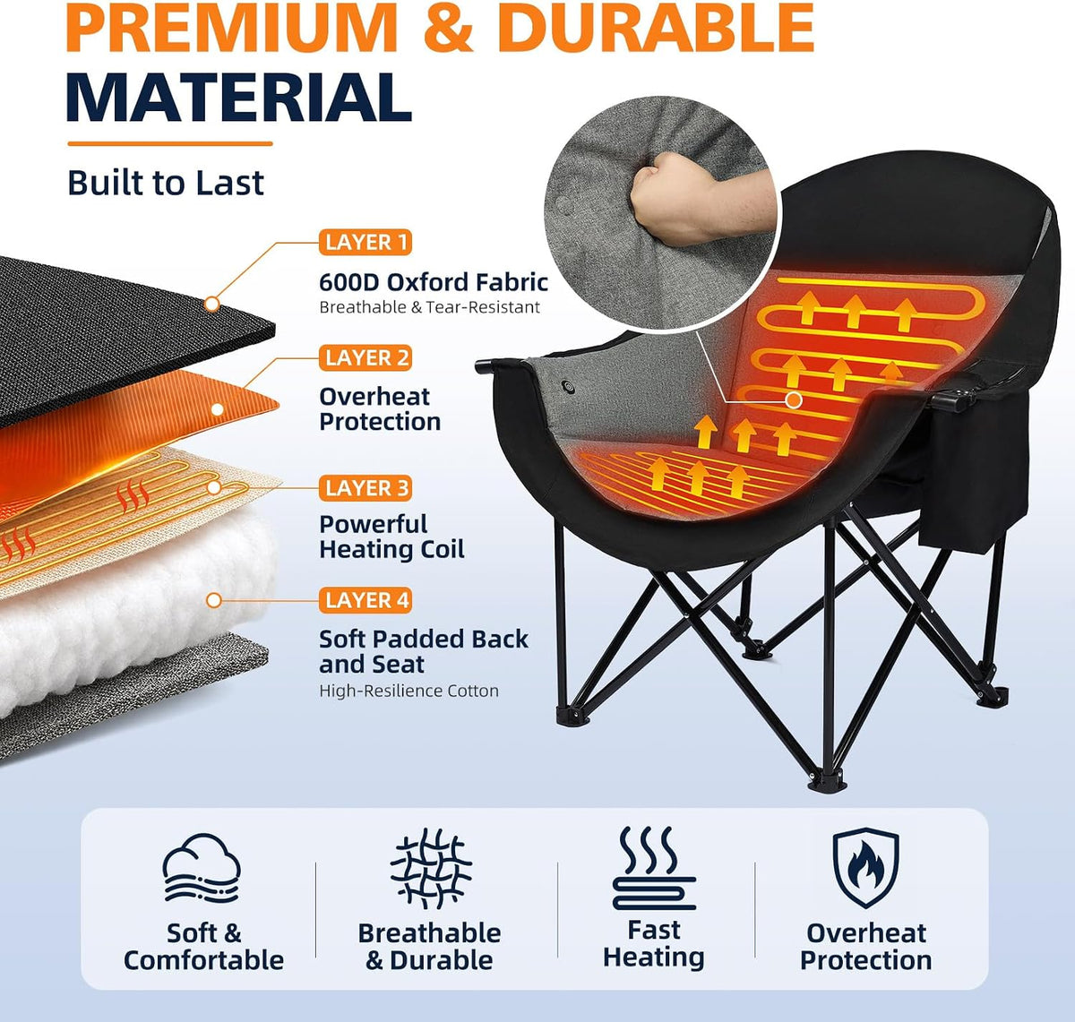 Heated Camping Chair - Oversized Outdoor Folding Chair for Adults