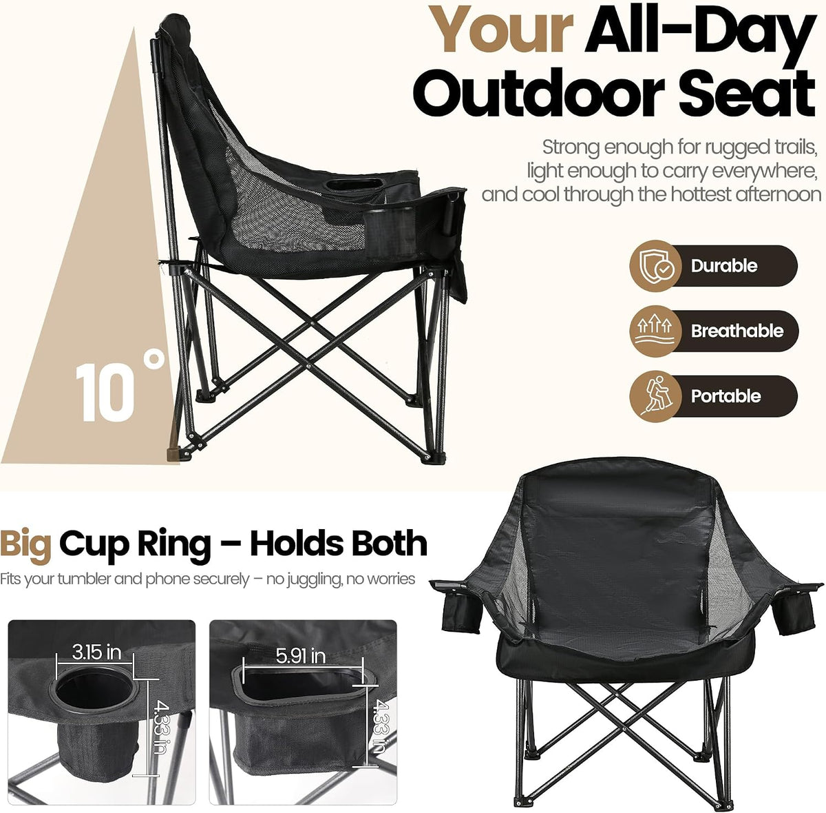 2 Pack Oversized Camping Chairs for Adults & Teens, Heavy Duty 400 LBS Capacity Portable Folding Mesh Lawn Chairs for Camping, Beach, Picnic, Patio, Fishing, RV (Black, Mesh)