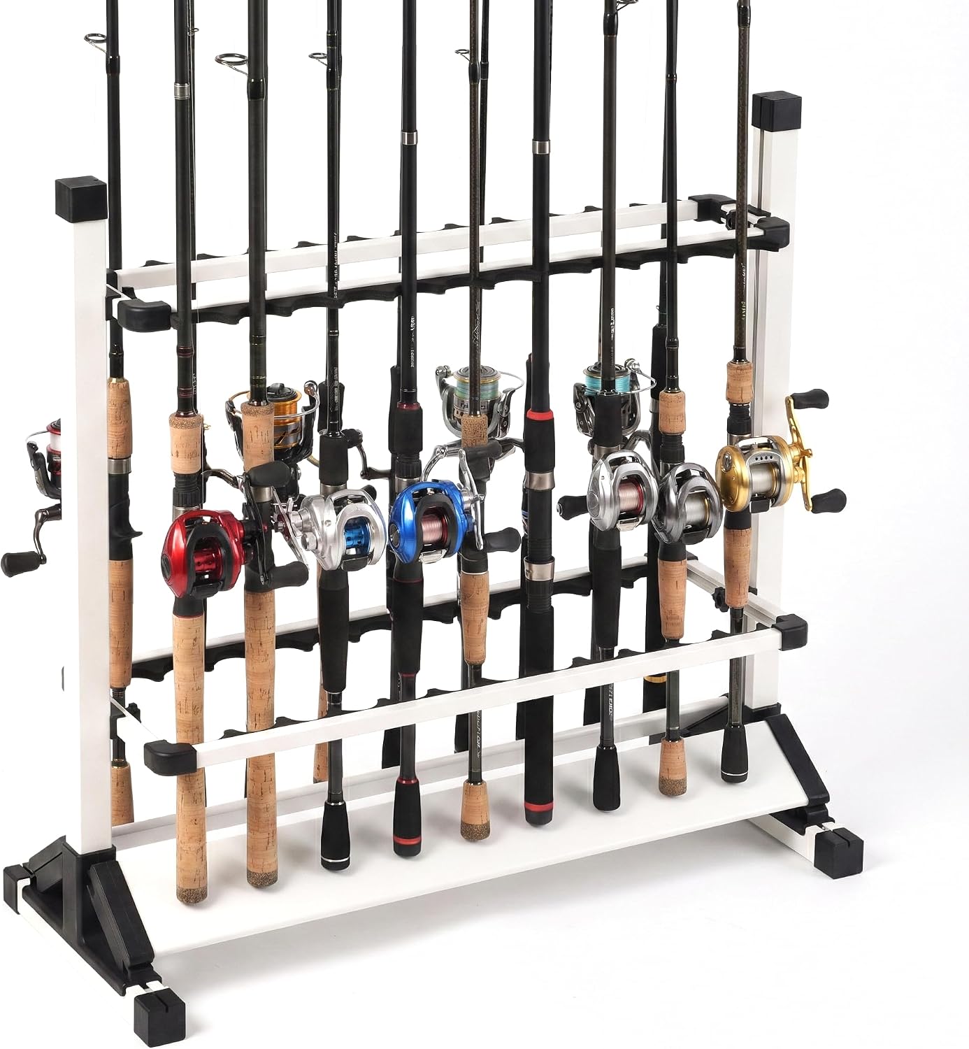 24-Rod Aluminum Fishing Rod/Pole Holder, Rustproof Fishing Rod Rack with 360° Lockable Wheels, Multi-Functional Storage Organizer for Garage & Home, Fits Most Rods & Golf Clubs (Gray)