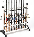 24-Rod Aluminum Fishing Rod/Pole Holder, Rustproof Fishing Rod Rack with 360° Lockable Wheels, Multi-Functional Storage Organizer for Garage & Home, Fits Most Rods & Golf Clubs (White)