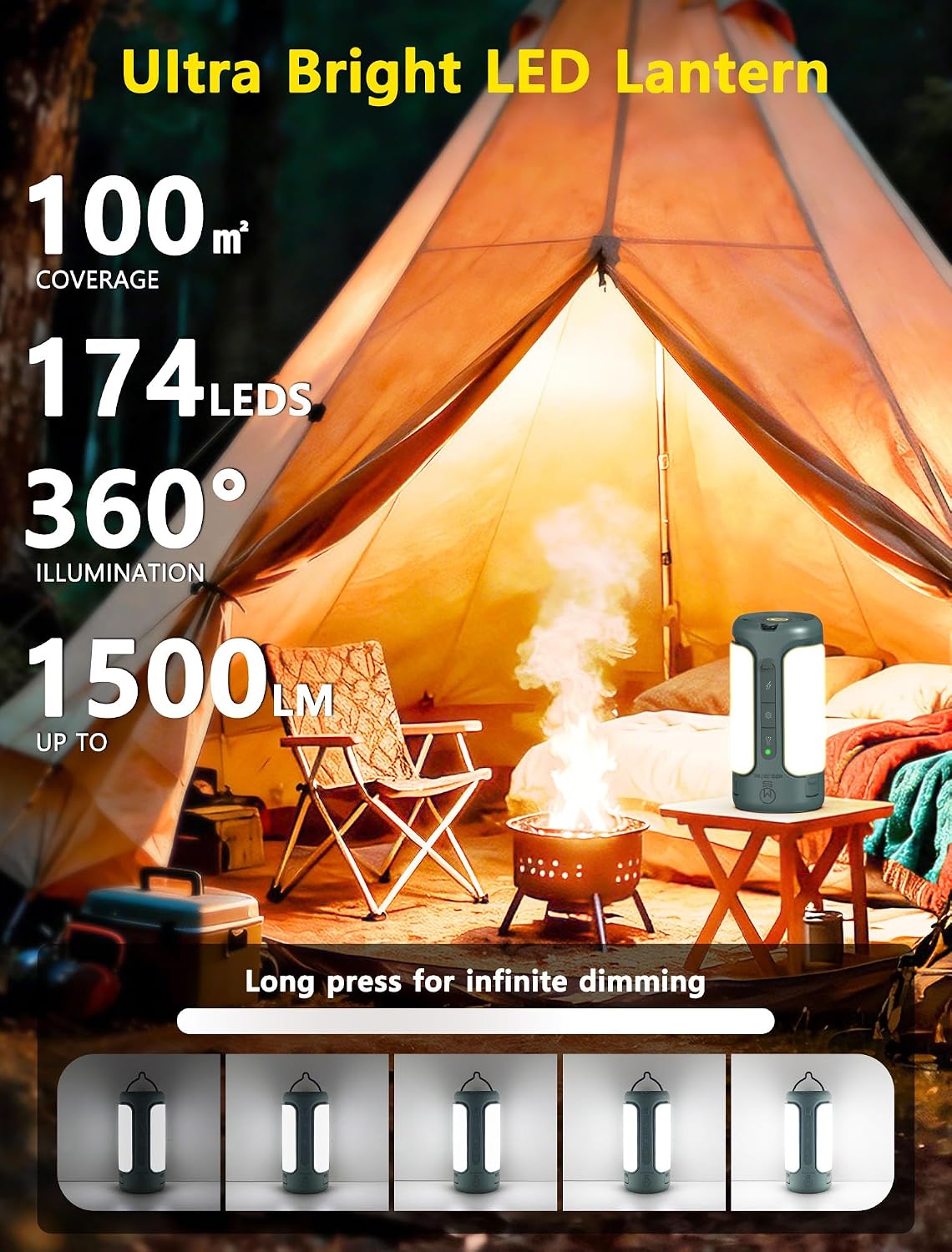 Camping Lantern Rechargeable, 3-in-1 Foldable Tent Light & Flashlight, 1500LM, 10000mAh, IP54 Water Resistant, 1/4" Screw Base, Stepless Dimming, 5 Modes for Camping, Hiking, Power Outages