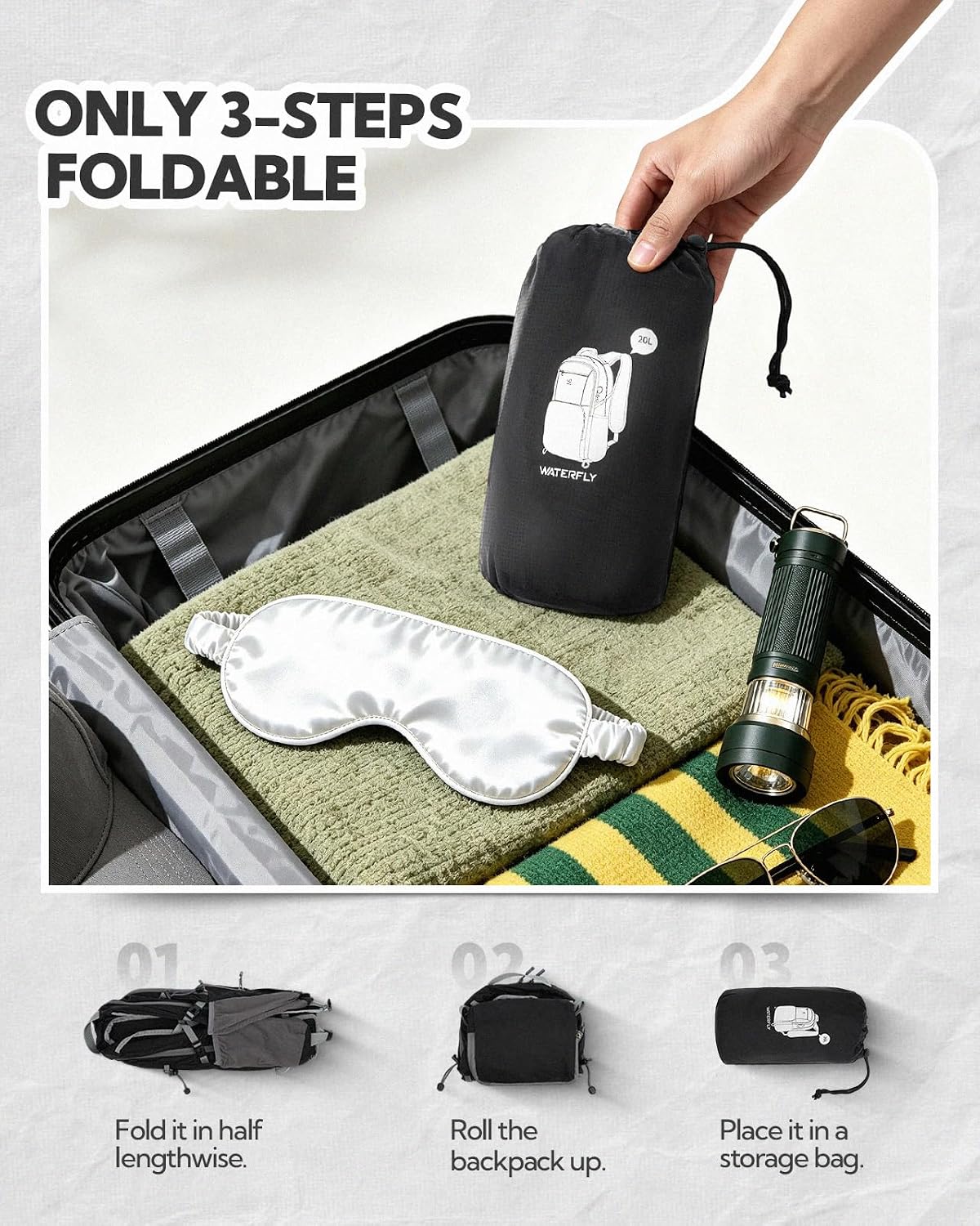 WATERFLY Packable Hiking Backpack, 20L Small Lightweight Foldable Daypack