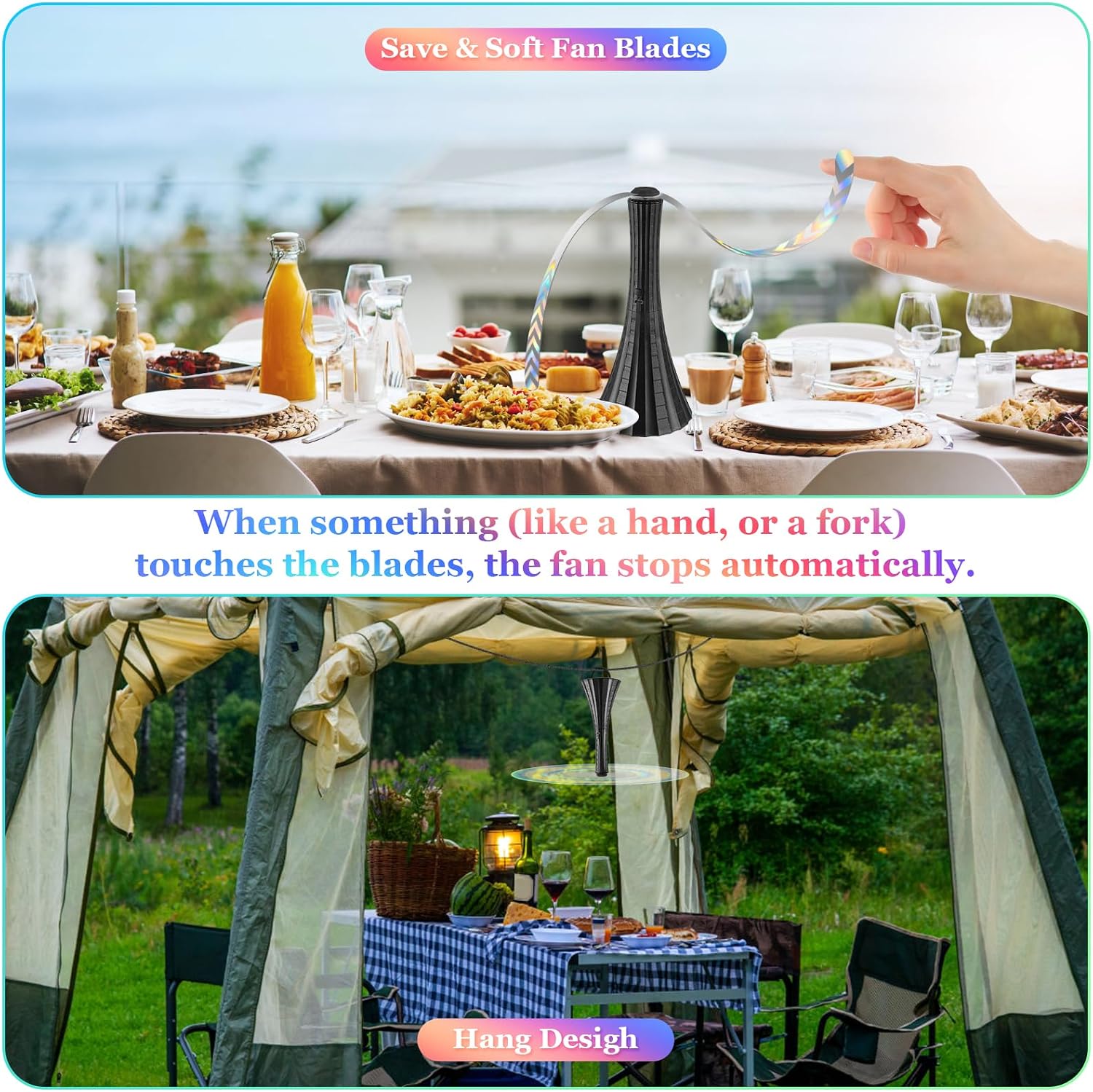 Fly Fans for Tables Rechargeable, Flies Fan to Keep Flies Away by Soft Blades, Food Fans for Camping, Picnic, Fishing, 4PCS, Black，Party Essentials Picnic Accessories for Outside, 2000mah