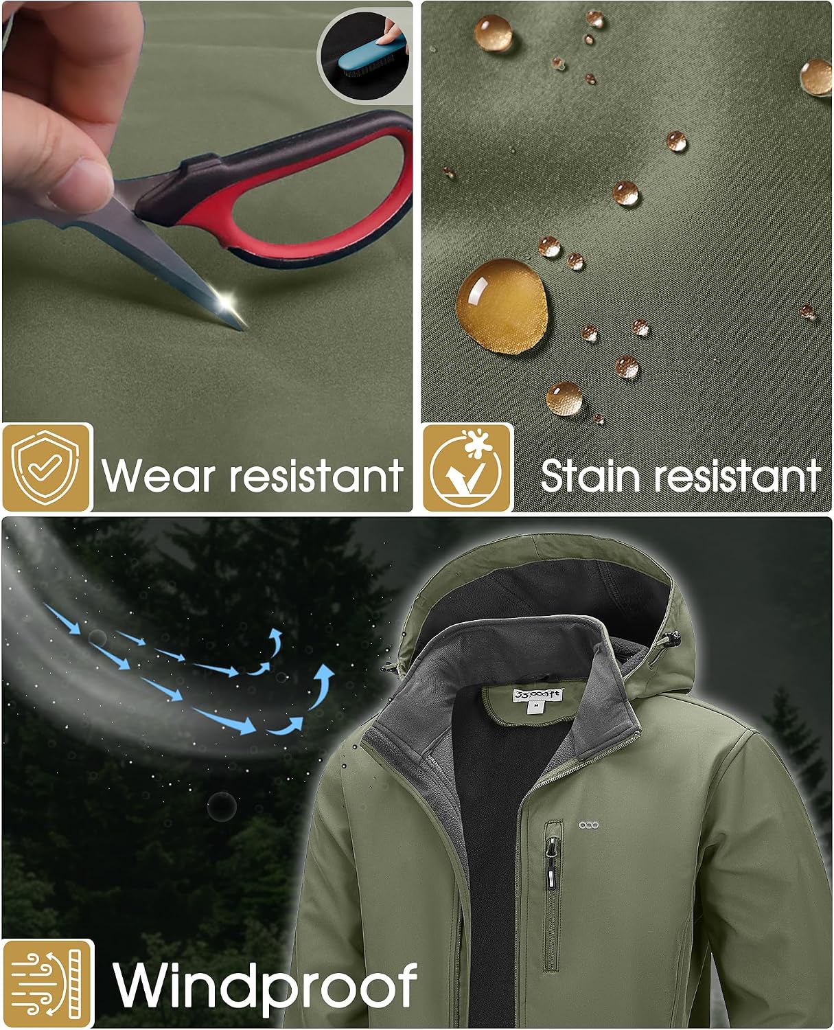 33,000ft Men's Hooded Softshell Jacket Waterproof Fleece Windbreaker Jacket