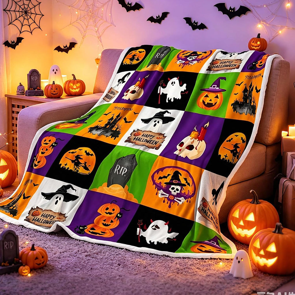 Halloween Throw Blanket 50"x60", Soft Cozy Plaid Blanket with Pumpkin Ghost Witch, Lightweight Flannel Fleece Throw for Couch Bed, Spooky Home Decor, Gift for Halloween Lovers