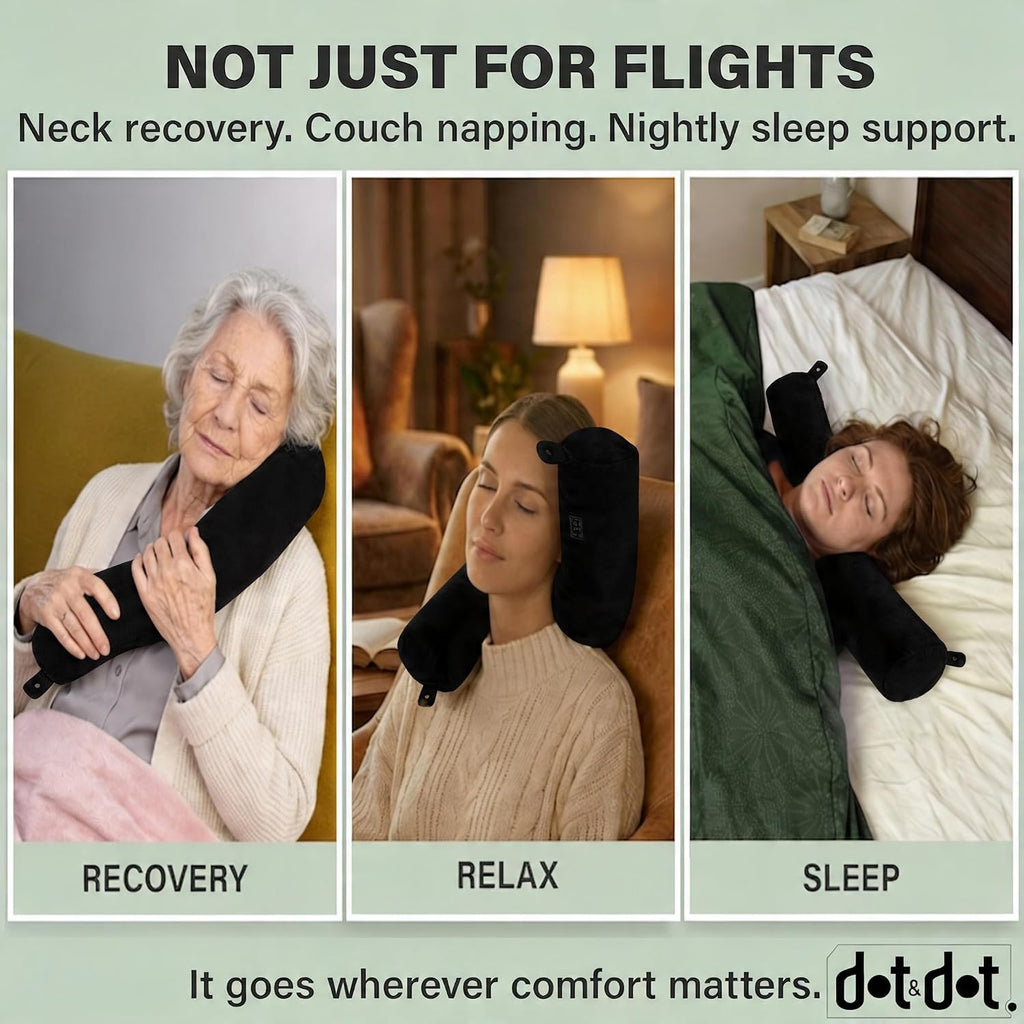 Dot&Dot Twist Memory Foam Travel Pillow, Bendable Neck Pillow for Airplane, Car and Home, 26-Inch Adjustable Roll with Washable Cotton Cover, Black