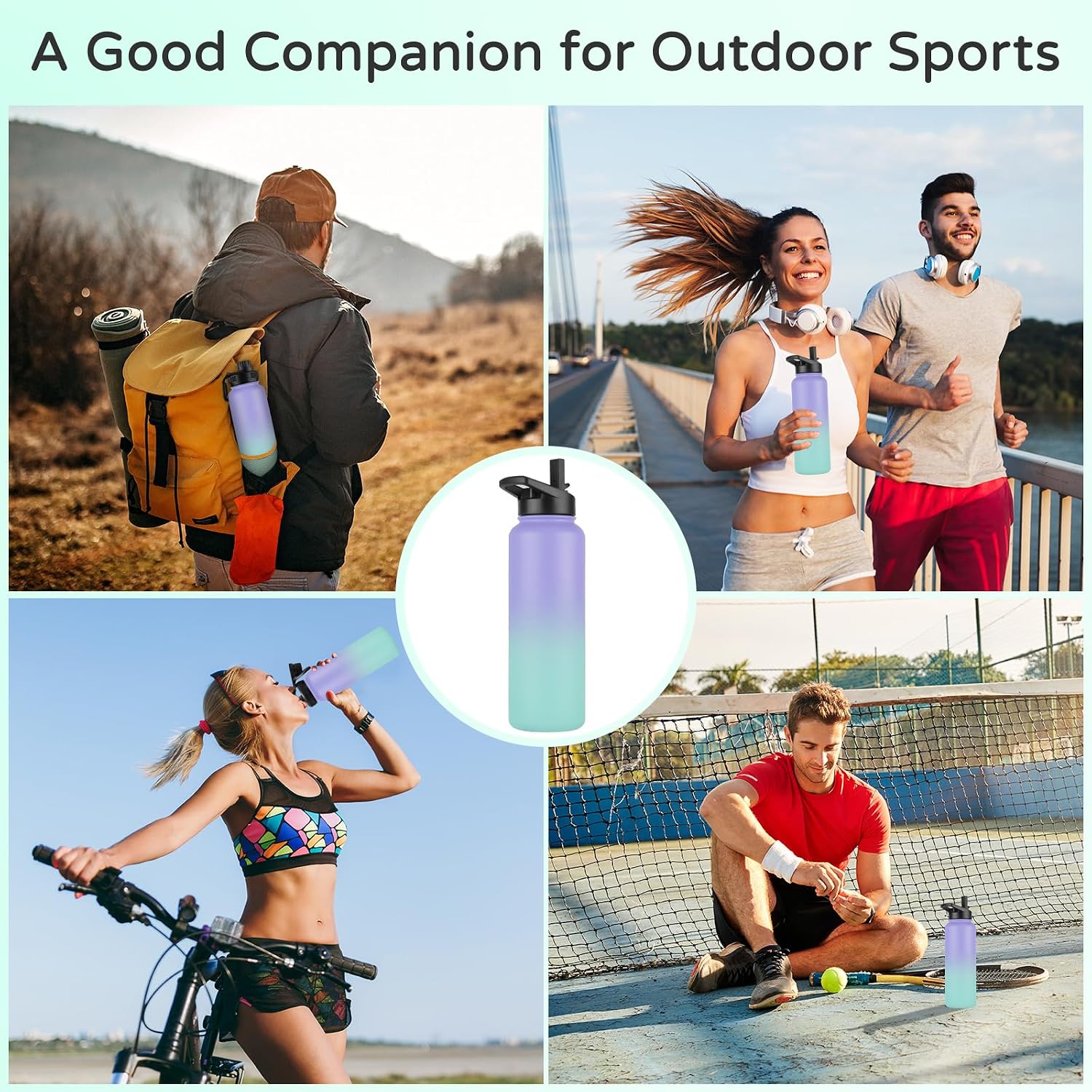 DOMICARE 40 oz Insulated Water Bottle, Vacuum Insulated Stainless Steel Sports Water Bottle with Straw Lid & Spout Lid, Leakproof, Reusable - Travel, Camping, Bike, Purple Green Gradient