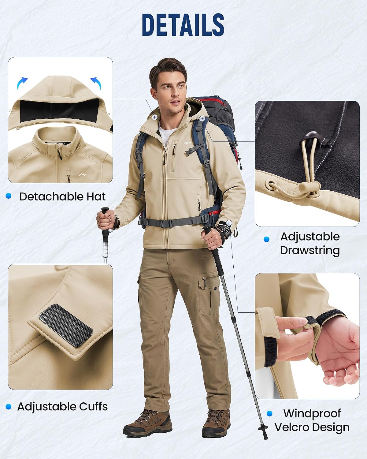 WULFUL Men's Softshell Jacket Waterproof Lightweight Insulated Windbreaker Fleece Lined Rain Shell Jacket for Hiking Travel