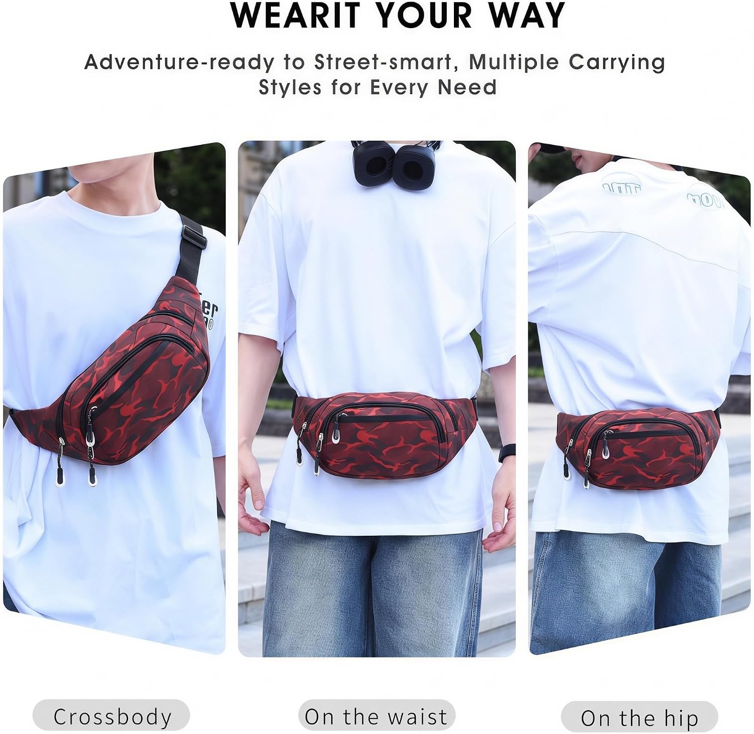 Large Fanny Pack for Men Women NSYOOMH, Crossbody Waist Bag 5-Zipper Pocket