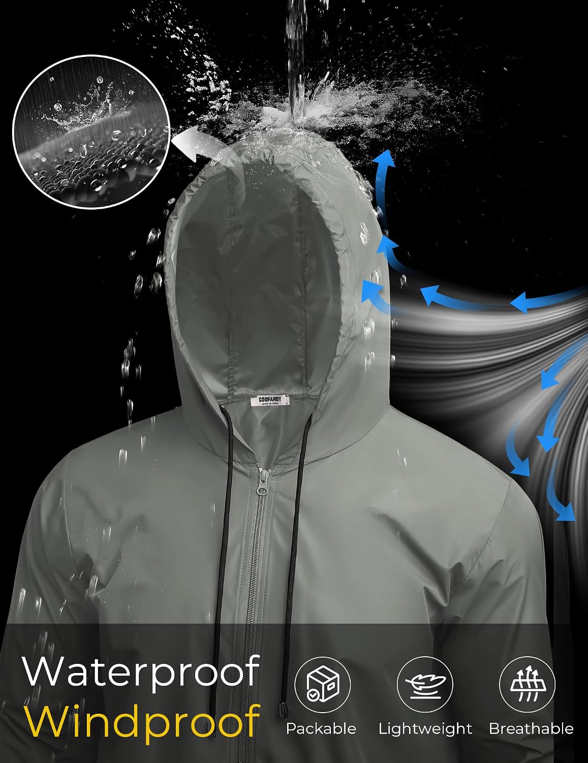 COOFANDY Mens Packable Rain Jacket Lightweight Waterproof Raincoat with Hood Outdoor Rain Gear Travel Hiking Cycling