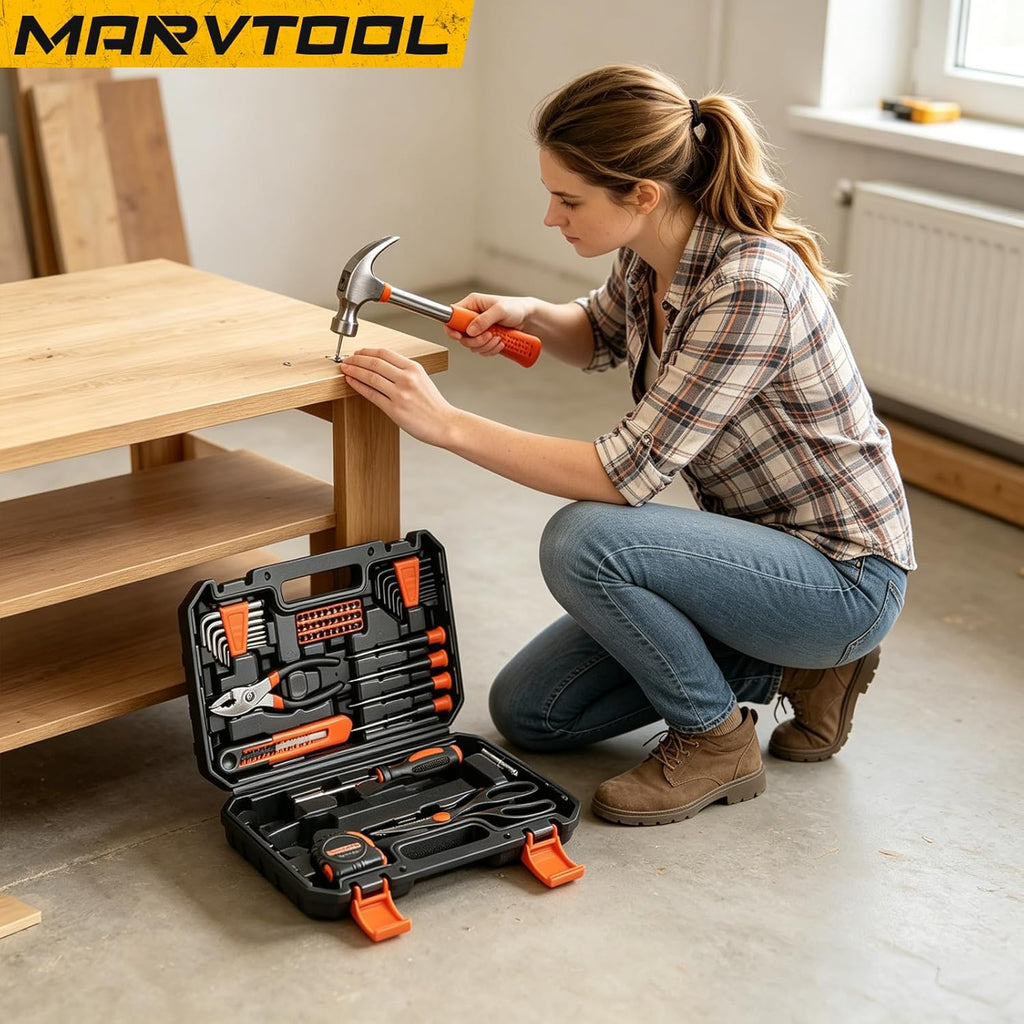57 Piece Basic Tool Set, Home Repair Hand Tool Kit, General Household Tool Box, Portable Toolbox with Storage Case for Homeowner, DIY, Handyman, Women, Men
