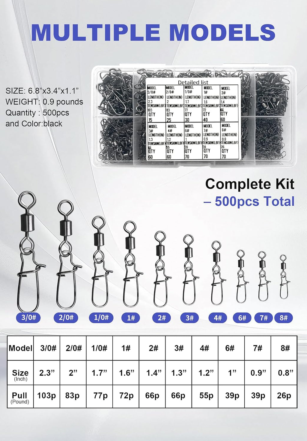 500 Pcs - Fishing Swivels Stainless Steel Barrel Swivels Fishing Tackle Kit with Assorted Sizes for Saltwater & Freshwater Rigs