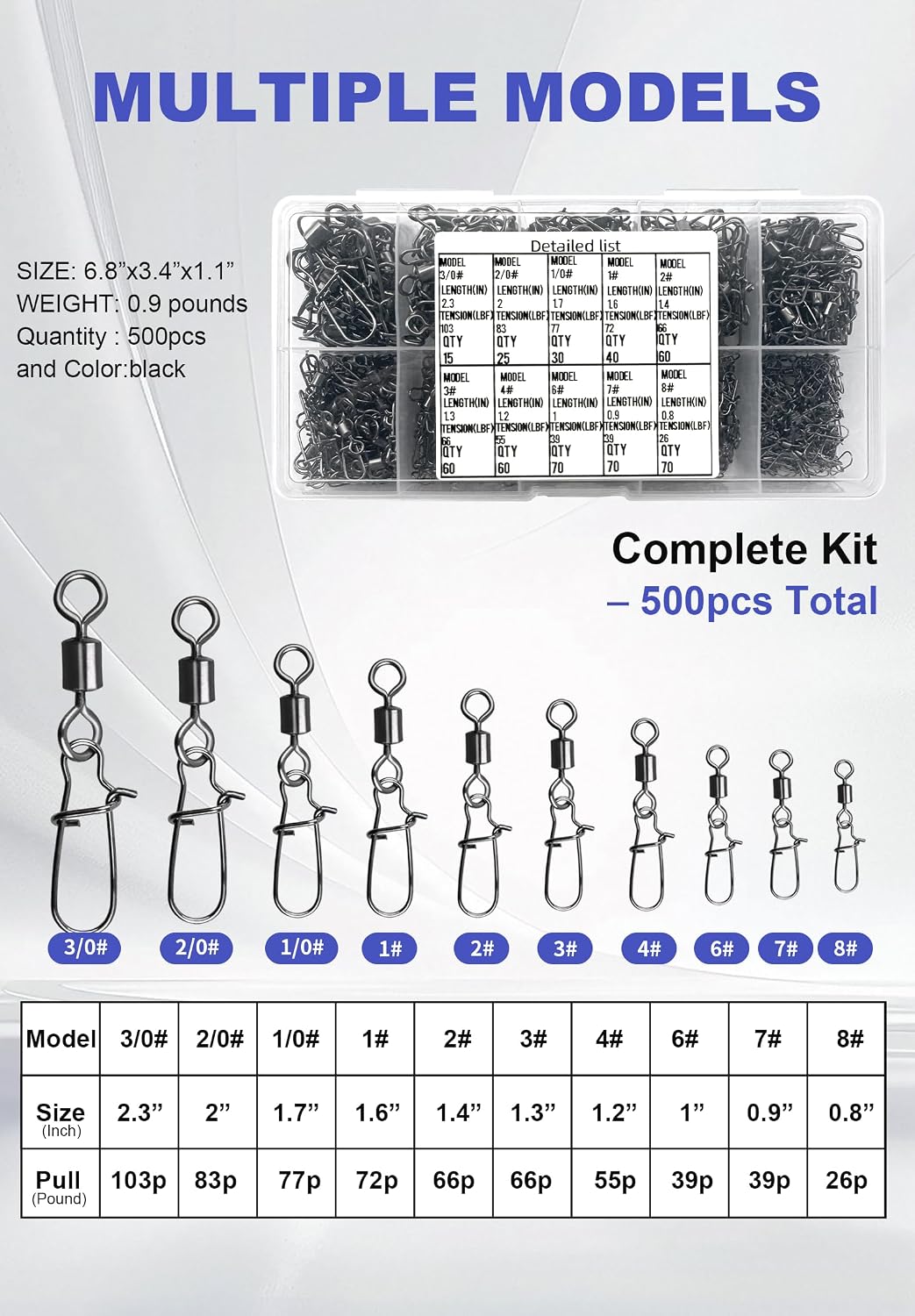 500 Pcs - Fishing Swivels Stainless Steel Barrel Swivels Fishing Tackle Kit with Assorted Sizes for Saltwater & Freshwater Rigs