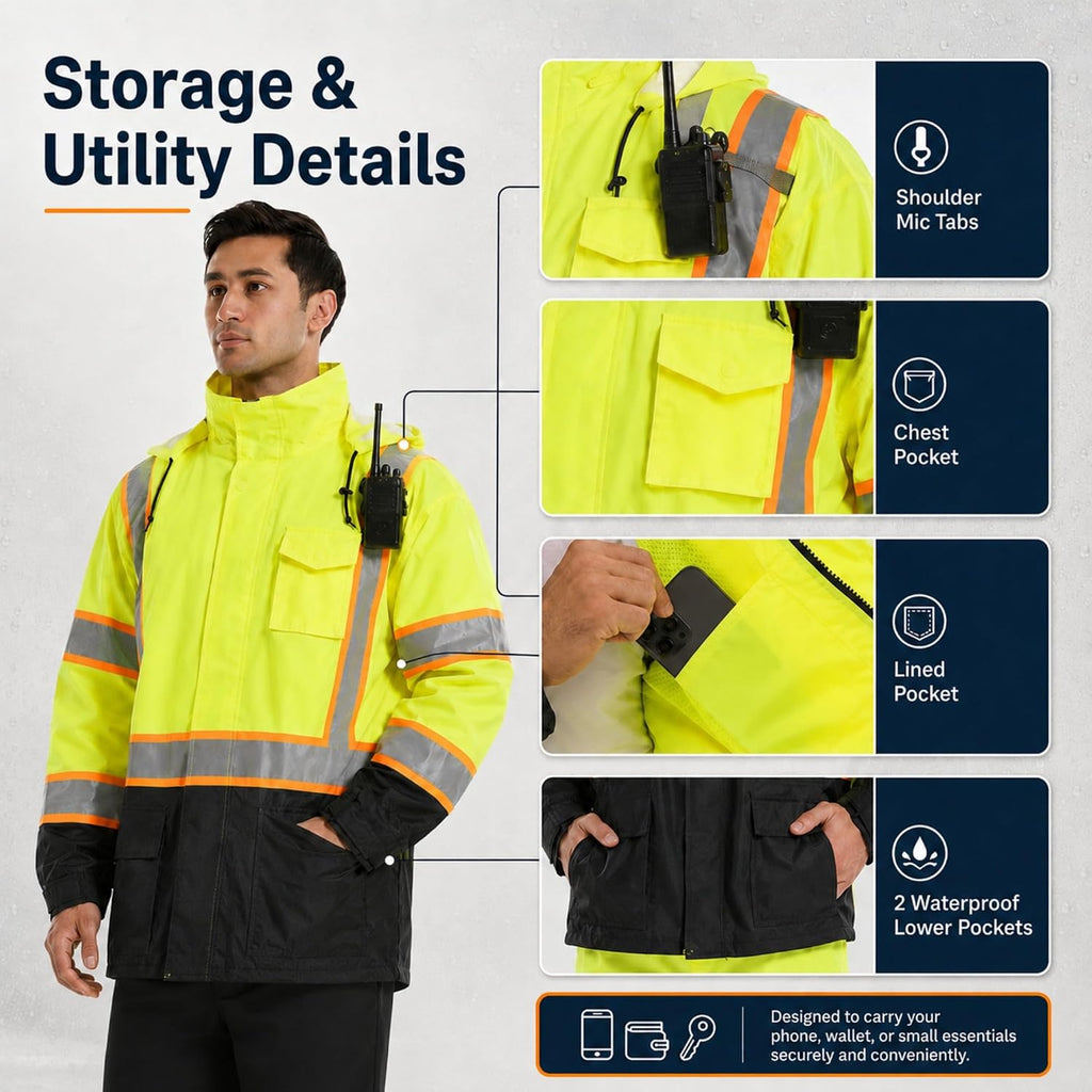 SKSAFETY Hi Vis Safety Rain Jacket for Men, Construction Work Rain Gear Heavy Duty Class 3 Rain Coat Waterproof Lightweight