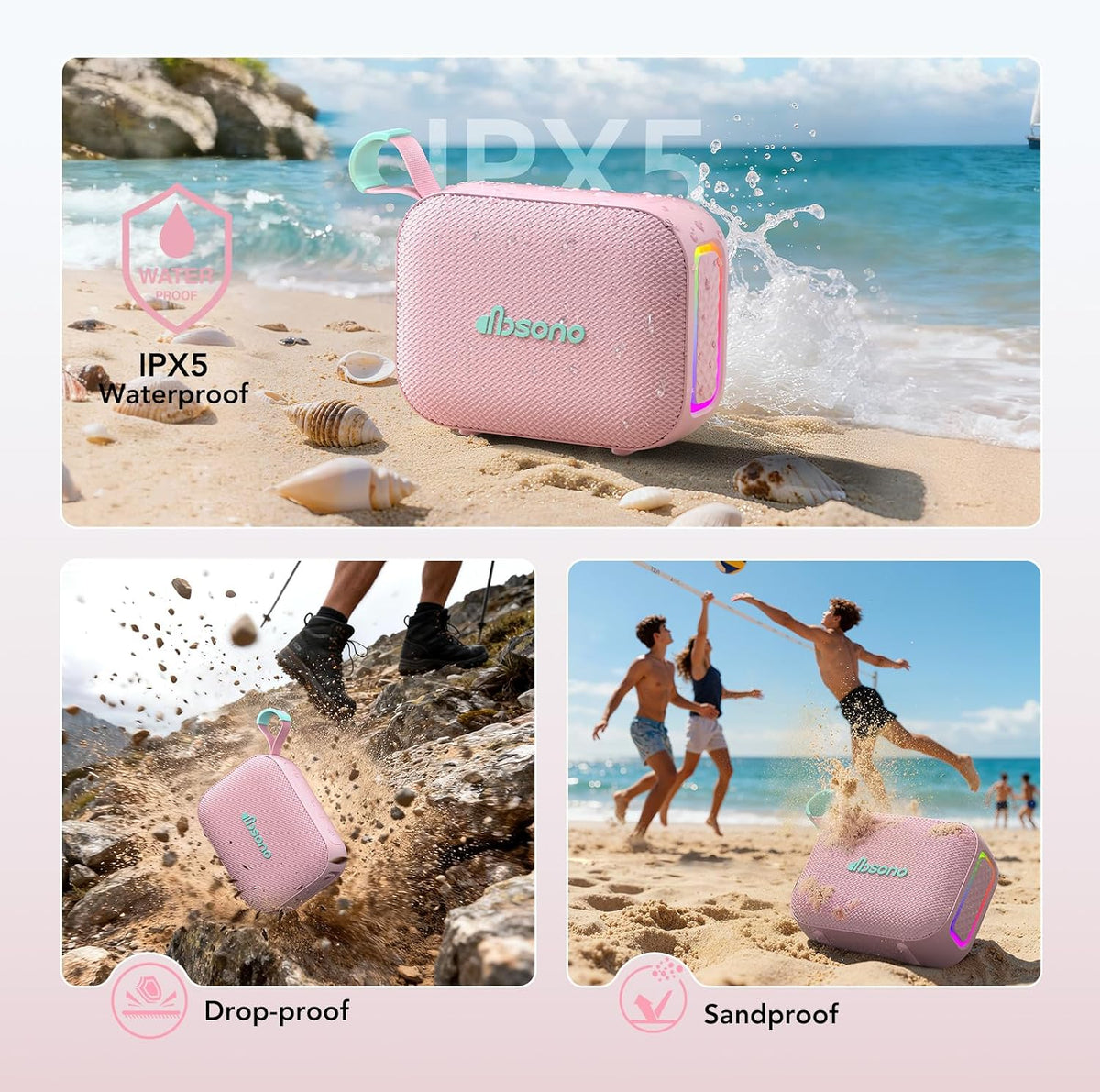 dbsono Portable Bluetooth Speaker Line-in Support: IPX5 Waterproof, Pink