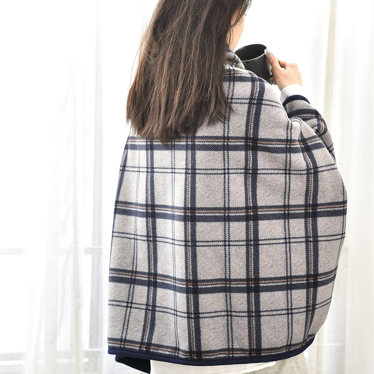 forestfish Fleece Wearable Blanket Oversized, Comfy Lightweight Lap Blanket Poncho Throw With Buttons, 63“x 55” (Navy-gray, Medium(55”x39”))