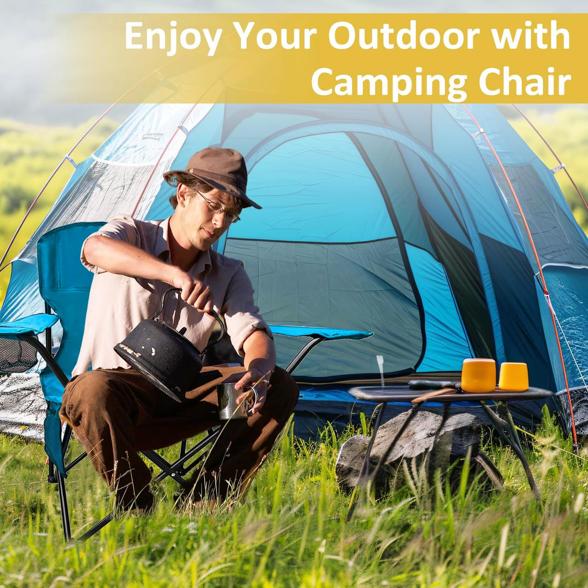 Folding Camping Chair with Cup Holder & Storage Bag, 225lbs Capacity, Large Anti-Sink Feet, Breathable PE Coated Fabric for Outdoor, Hiking, Beach, Fishing, Backpacking, 2PCS Blue