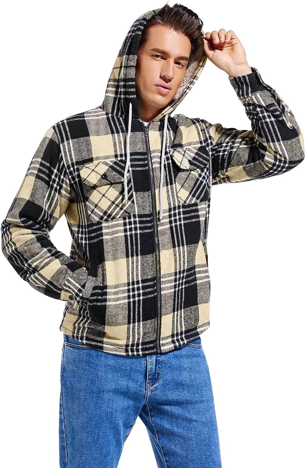 Men's Zip Up Flannel Shirt Jacket Fleece Lined with Hood