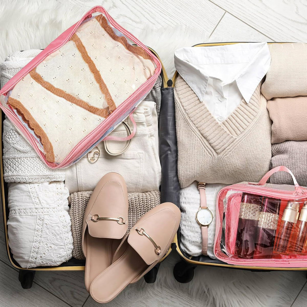 Hillban 6 Pcs Large Clear Packing Cubes for Travel, 3 Sizes PVC Bags, Pink