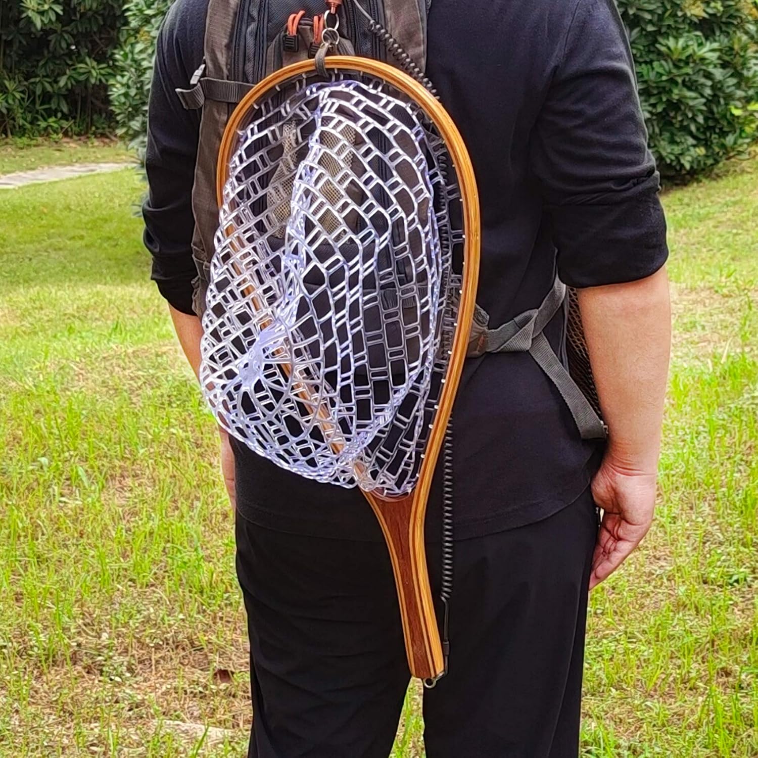 Aventik Fly Fishing Landing Net for Trout Soft Rubber Ghost Mesh Catch and Release Wooden Frame Lightweight and Tangle-Free