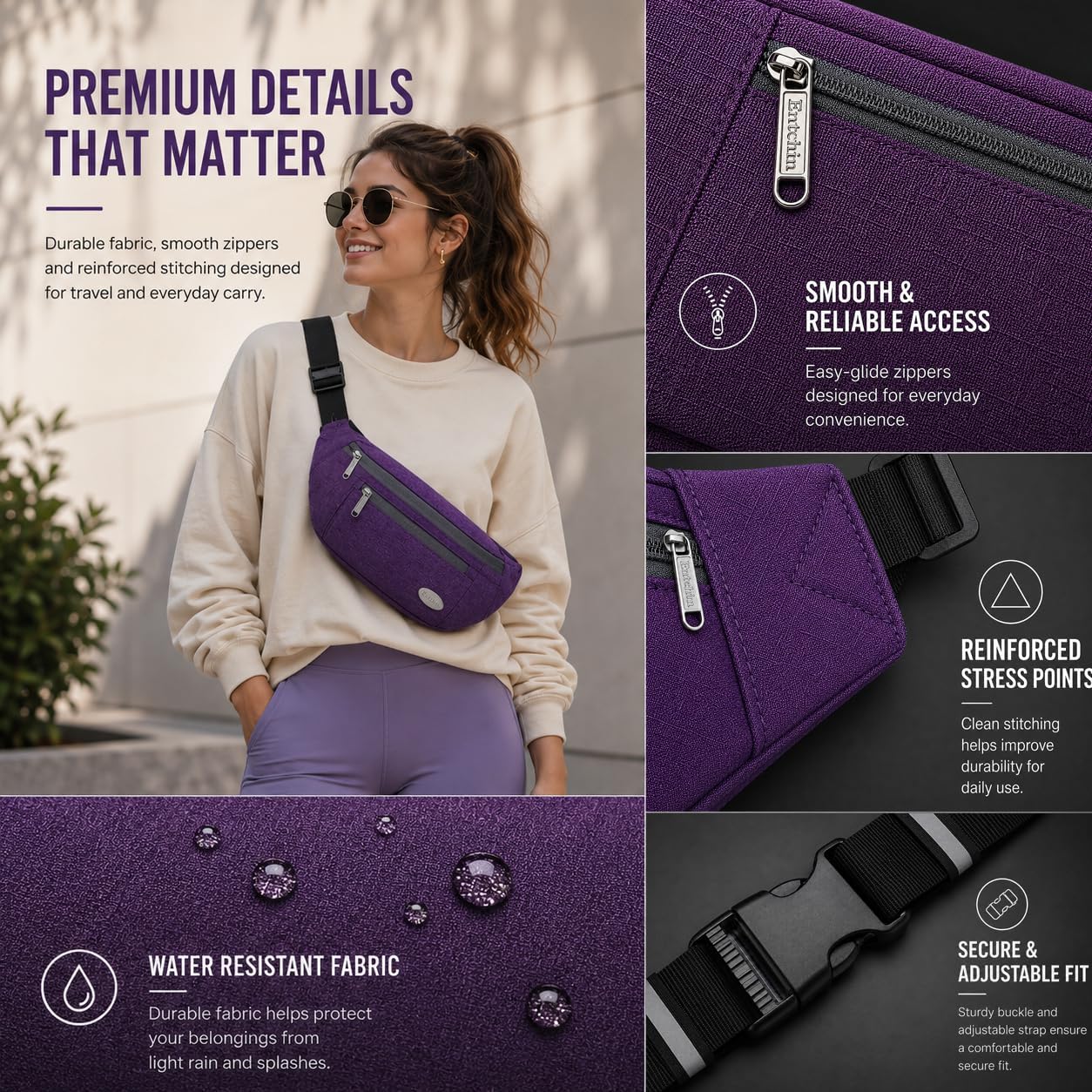 Entchin Water-Resistant Fanny Pack, 4-Zipper Belt Bag
