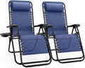 Sweetcrispy Zero Gravity Chairs, Set of 2 Portable Recliner Beach Camping Patio Outdoor Folding Lounge Chair with Cup Holder Trays and Adjustable Pillow for Poolside, Garden, Backyard, Lawn, Blue