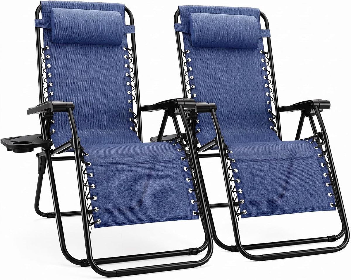 Sweetcrispy Zero Gravity Chairs, Set of 2 Portable Recliner Beach Camping Patio Outdoor Folding Lounge Chair with Cup Holder Trays and Adjustable Pillow for Poolside, Garden, Backyard, Lawn, Blue