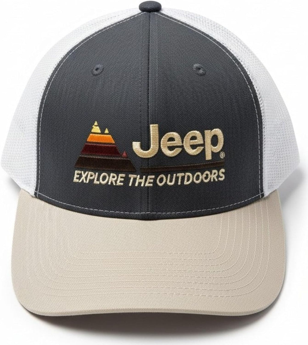 Jeep Explore The Outdoors Trucker Hat – Embroidered Logo, Snapback Closure, Mesh Back