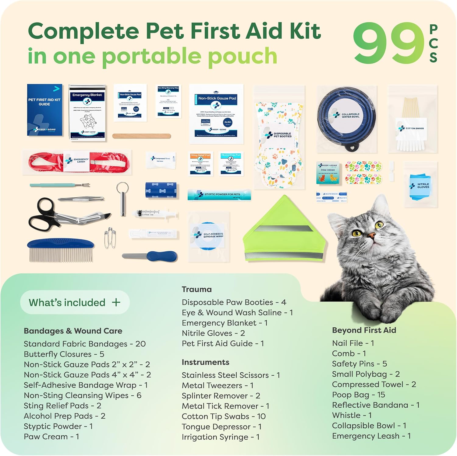 KeepGoing Pet First Aid Kit for Dogs & Cats, 99 Pc. Travel Emergency Kit
